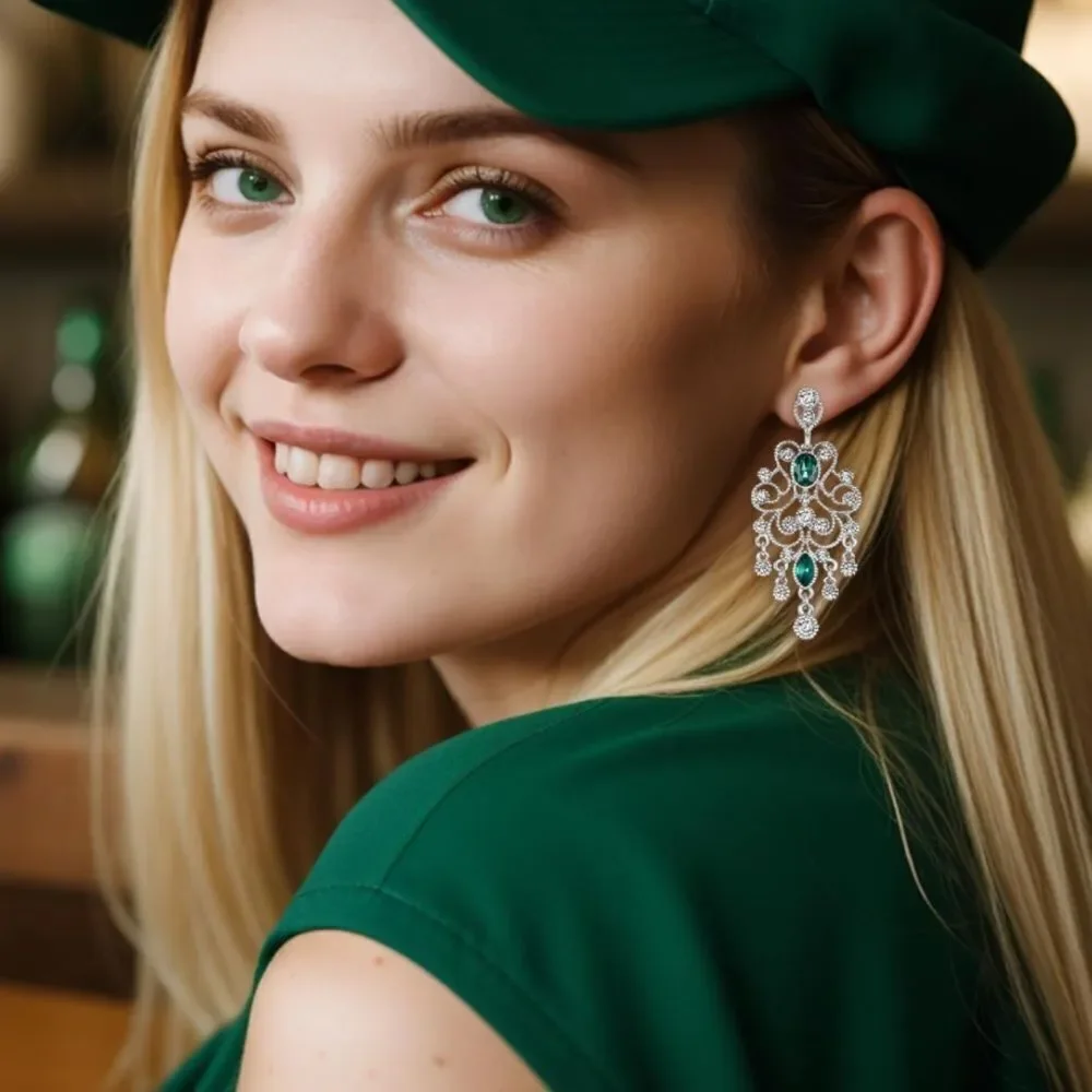 Silver with Diamond and Emerald Austrian Crystal Banquet Chandelier Earrings